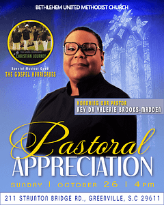 Flyer for Bethlehem United Methodist Church’s Pastoral Appreciation Service in Greenville, SC, honoring Rev. Dr. Valerie Brooks-Madden with special musical guest The Gospel Hurricanes on Sunday, October 26 at 4 PM.