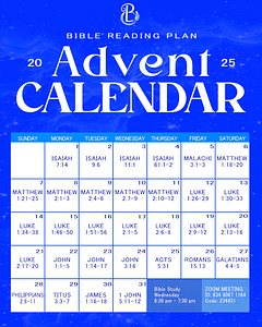 2025 Advent Bible Reading Calendar for Bethlehem United Methodist Church featuring daily scripture readings from Isaiah, Matthew, Luke, John, Acts, Romans, Galatians, Philippians, Titus, James, and 1 John