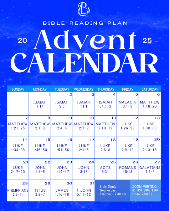 2025 Advent Bible Reading Calendar for Bethlehem United Methodist Church featuring daily scripture readings from Isaiah, Matthew, Luke, John, Acts, Romans, Galatians, Philippians, Titus, James, and 1 John