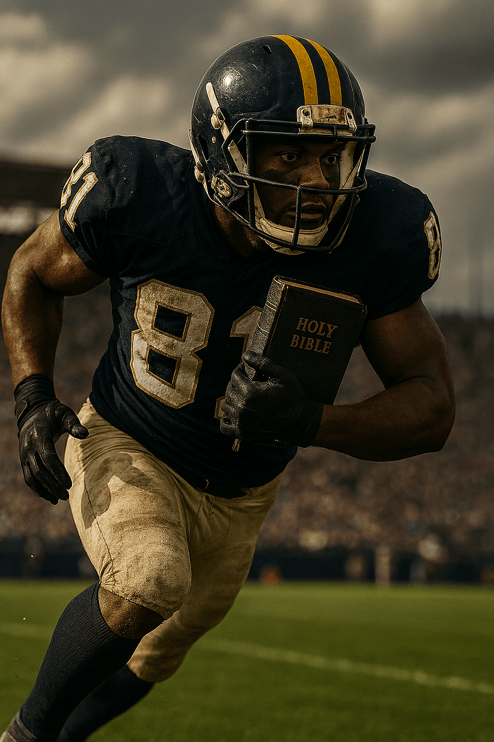 African American football player sprinting downfield holding a Holy Bible, symbolizing strength, faith, and purpose under dramatic stadium lighting.