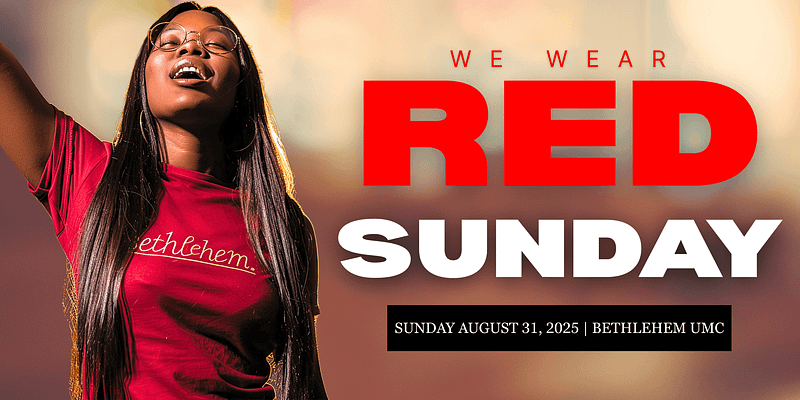 Image of a beautiful young woman in the action of singing, she is wearing a red shirt that reads "Bethlehem" next to here in bold letters read "We Wear Red Sunday" on the top and beneath it is the date of the event August 31, 2025
